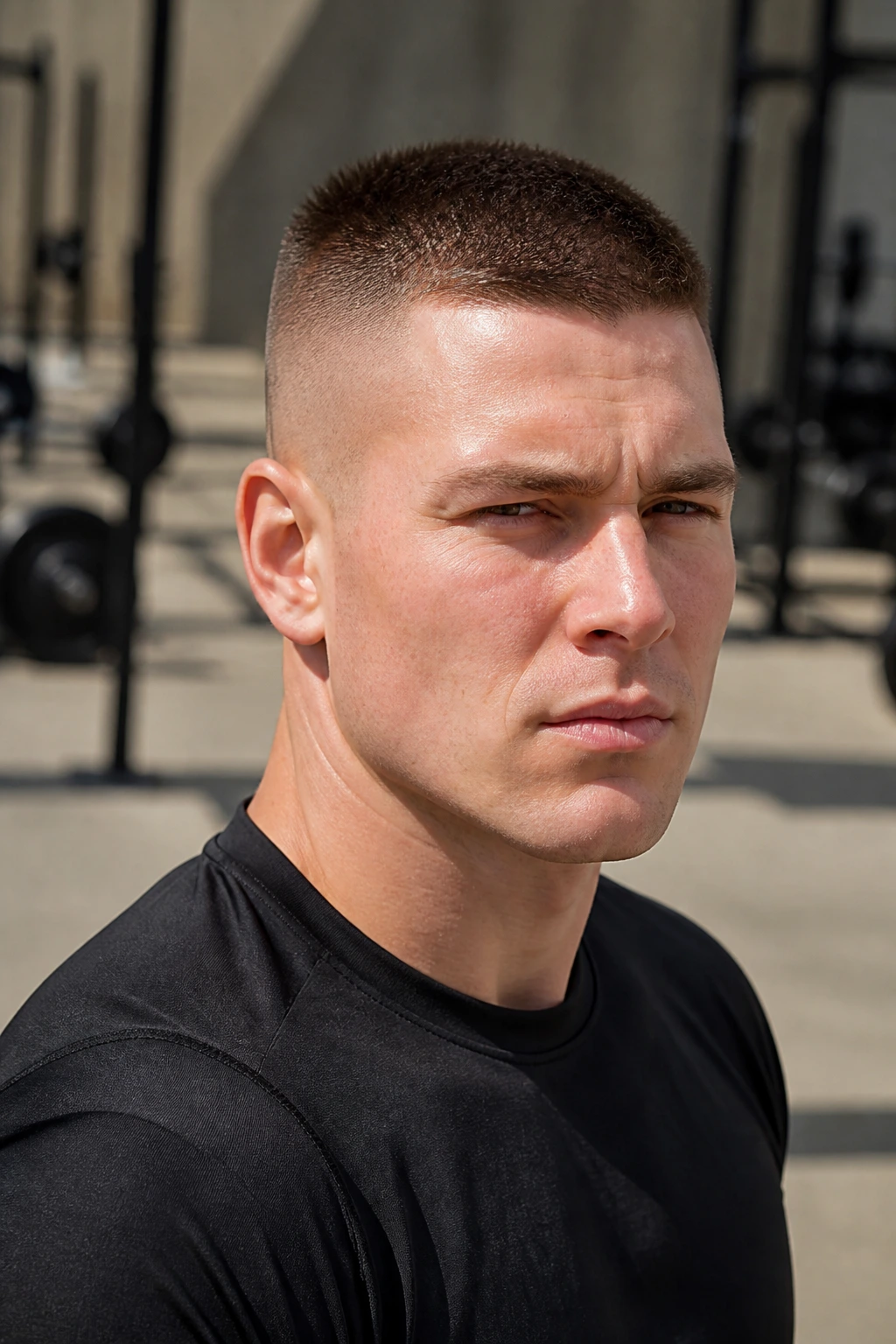 Close-up of man with high and tight haircut in outdoor gym background