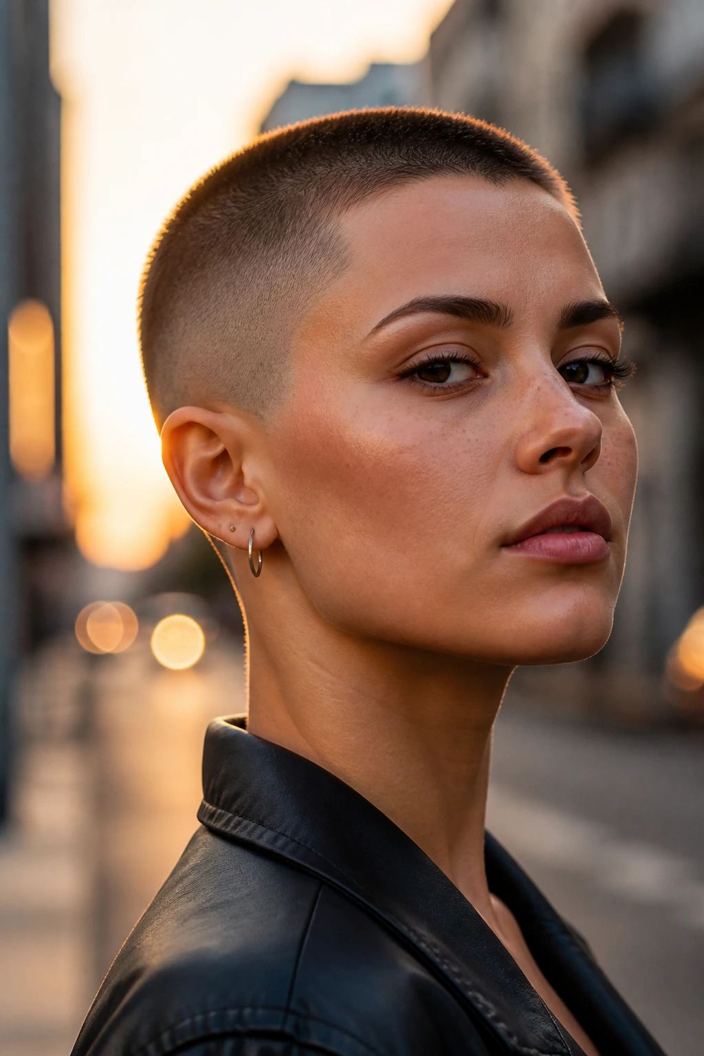 Close-up portrait of a real woman with a high-and-tight buzz in an urban setting