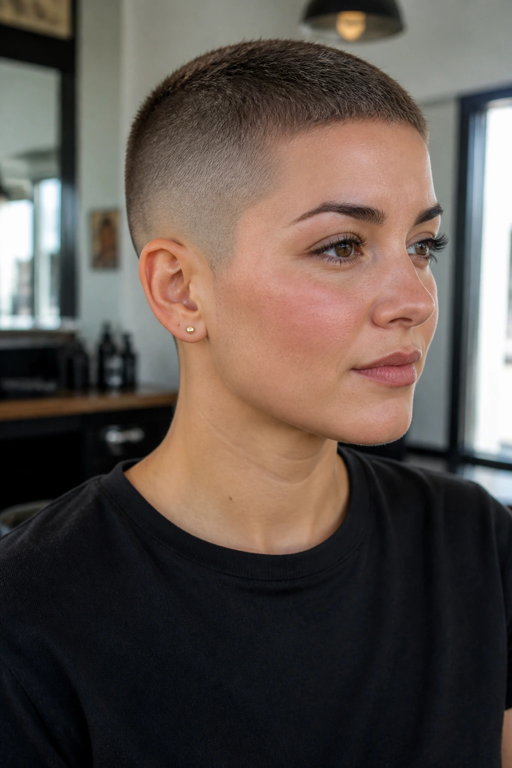 Close-up portrait of a real woman with a high-and-tight buzz cut in a bright barber shop