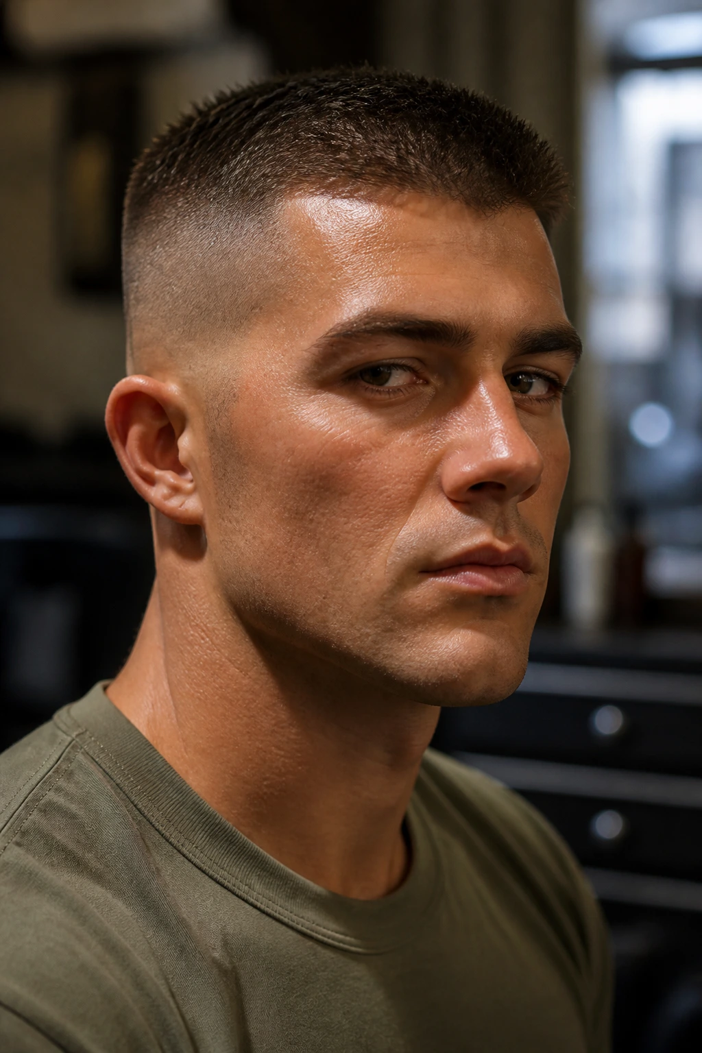Close-up of a man with high and tight crew cut in a military-style grooming room