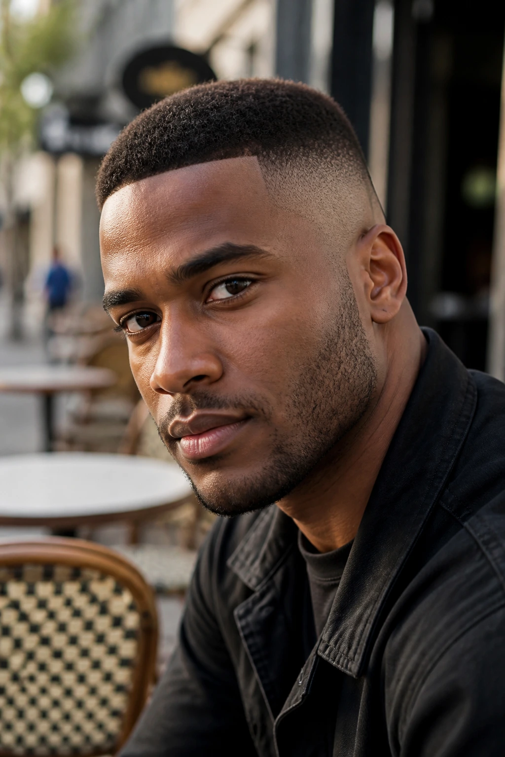 Close-up portrait of a Black man with a high and tight haircut and crisp line, urban setting.