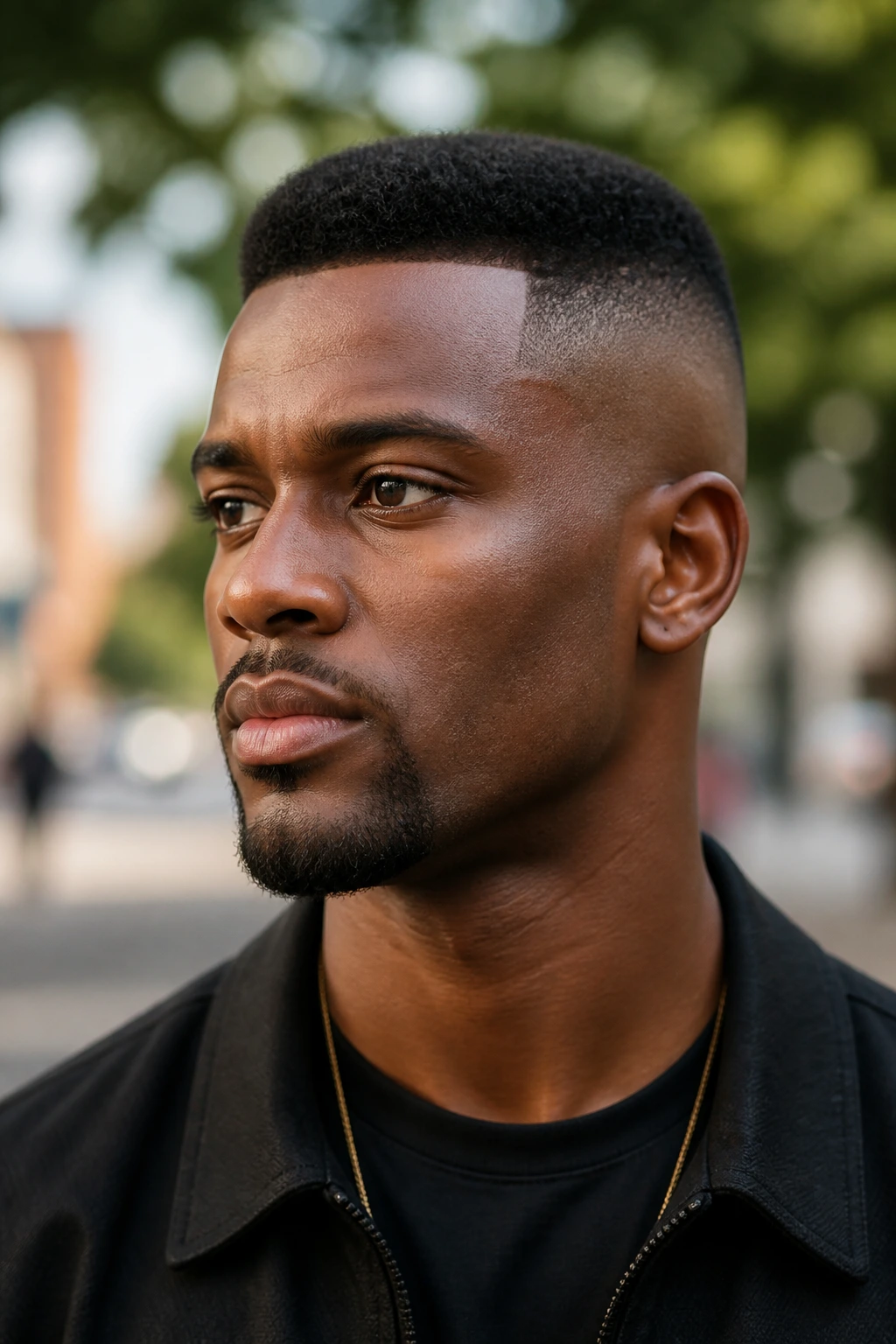 Portrait of a Black man with a high and tight fade, top cropped, urban background.
