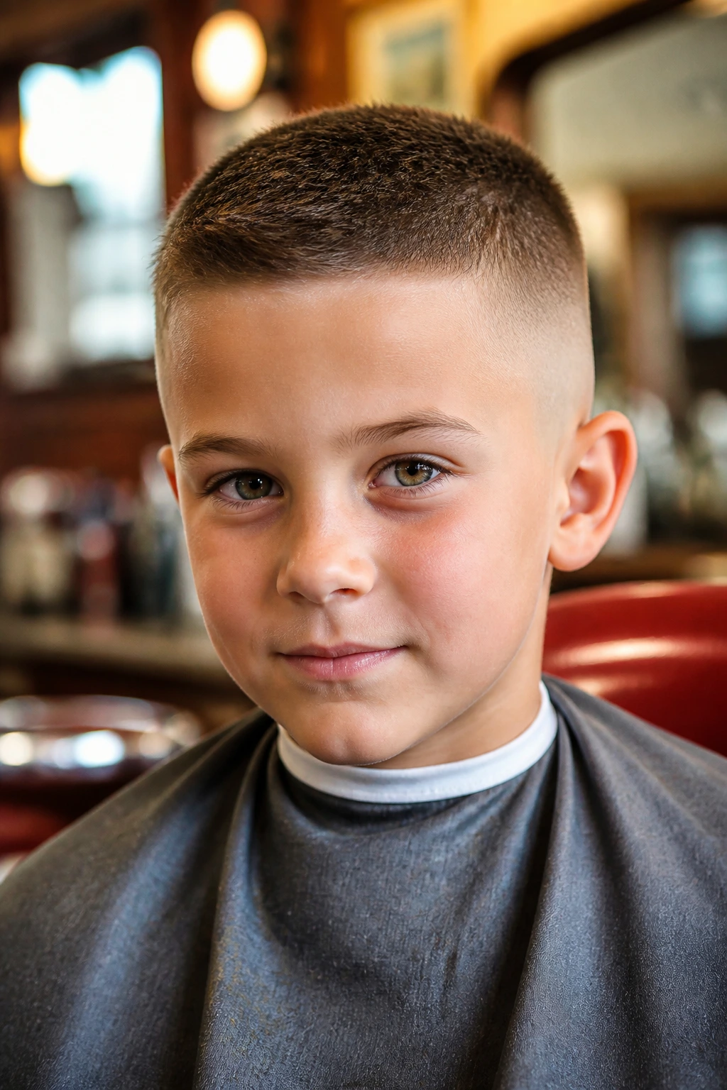 Real boy with high and tight haircut in bright barber chair