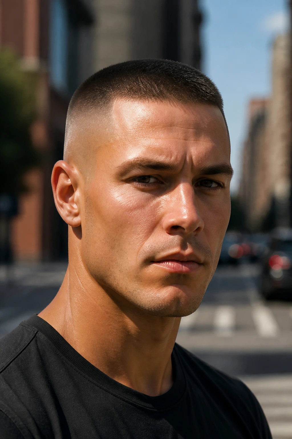 Close-up of a man with high and tight haircut on a city street