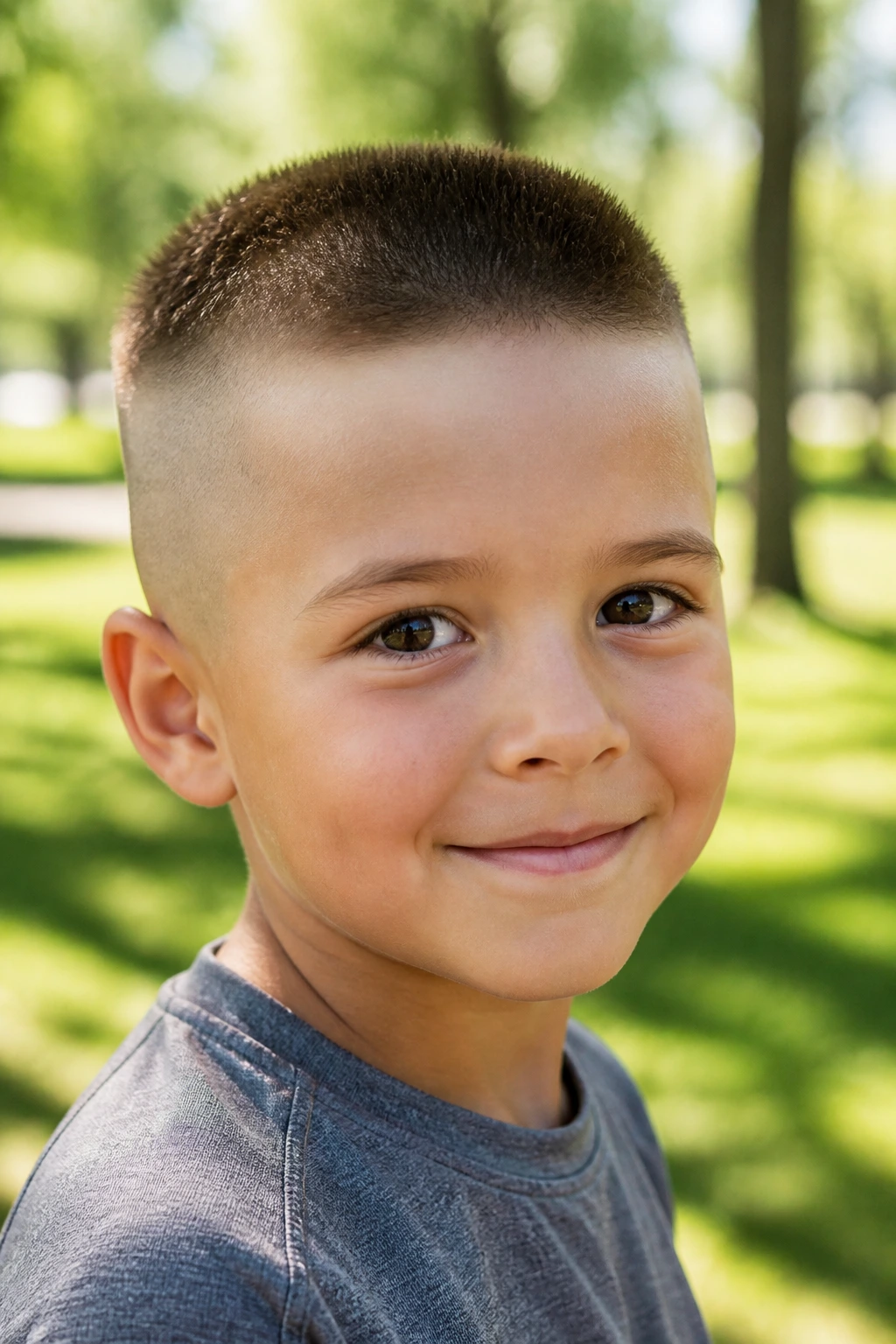 Close-up of a boy with a high and tight haircut, short sides and compact top.