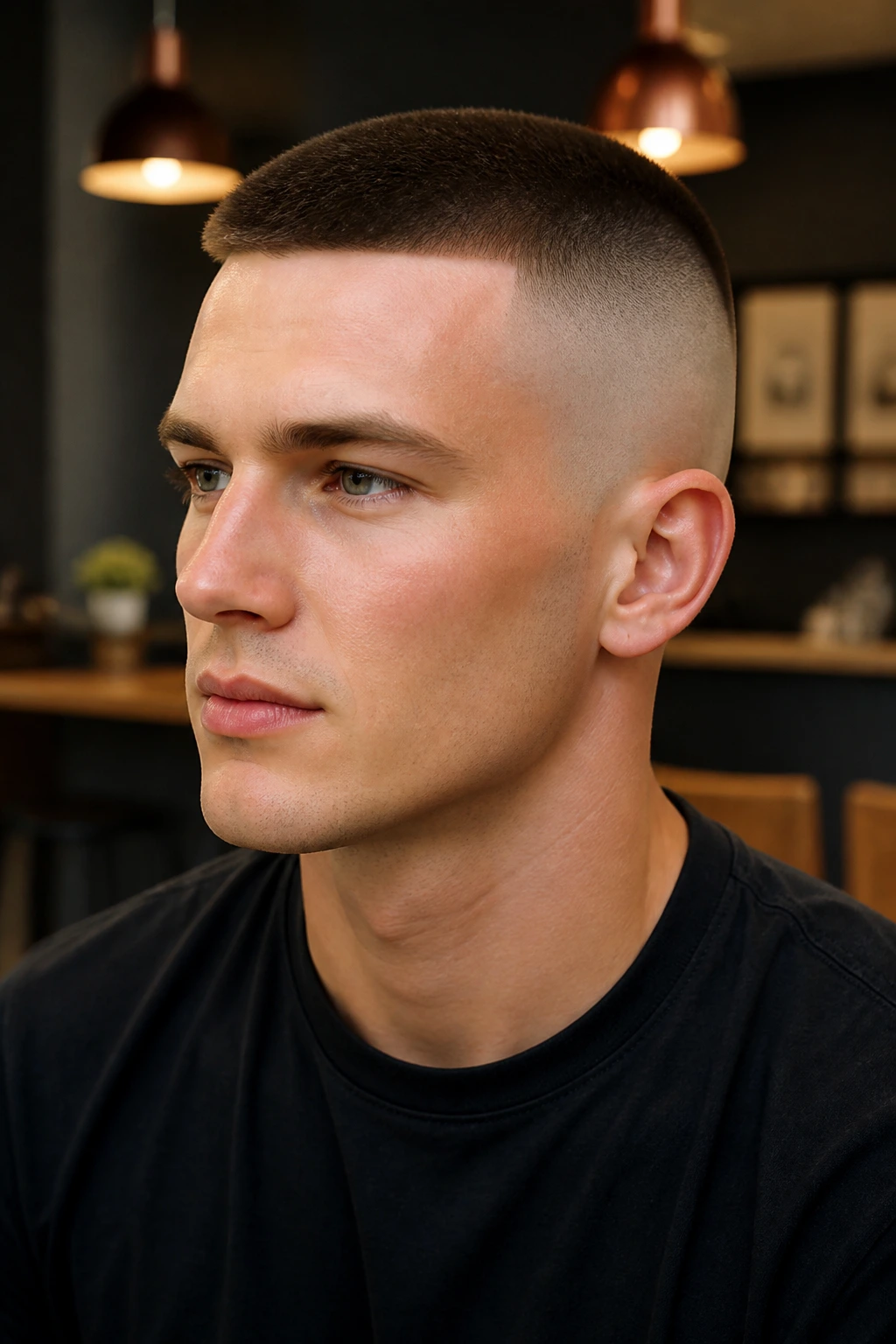 Close-up of a man with a high and tight haircut in a cafe setting