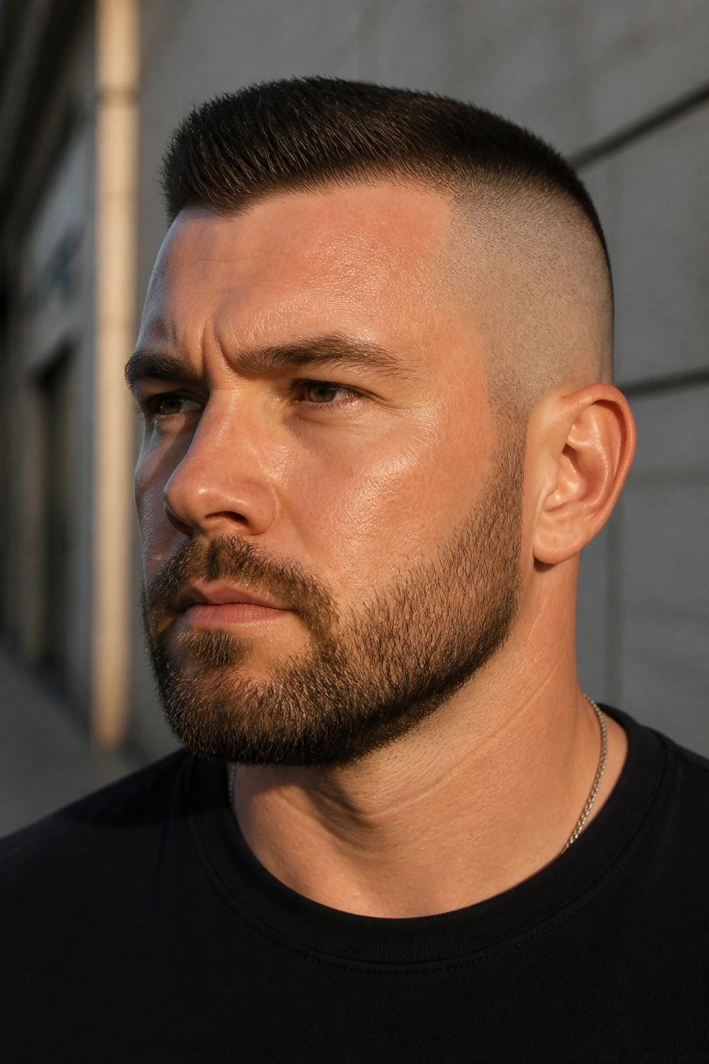 Close-up portrait of a man with a high and tight haircut