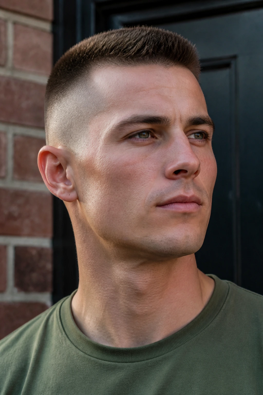 Close-up portrait of a real man with high and tight haircut outdoors