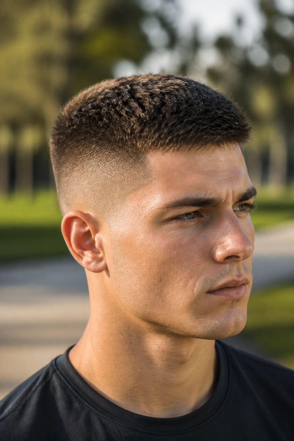 Close-up of real man with high and tight haircut showing top texture