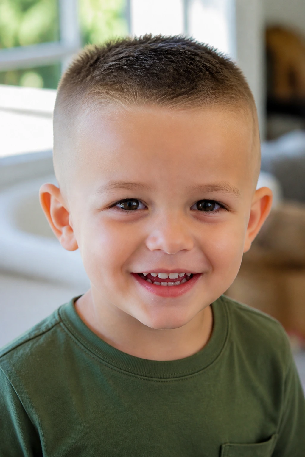 Toddler portrait with high and tight haircut, smiling.