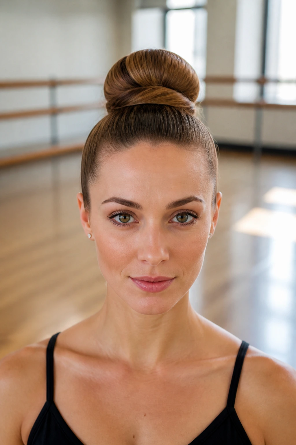 Portrait of a woman with a high ballet bun at the crown.