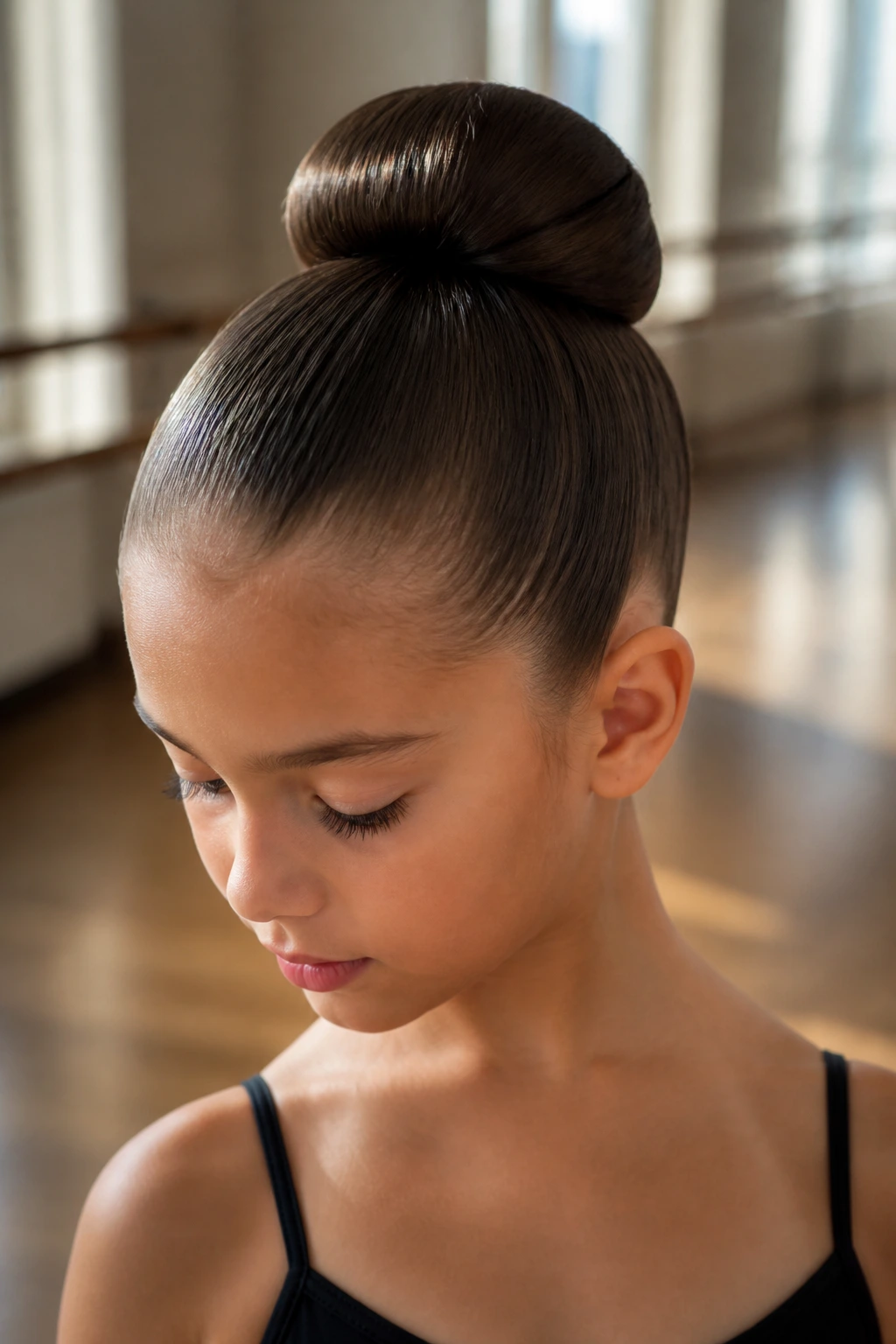 Close-up of a real girl's head with a sleek high ballet bun at the crown