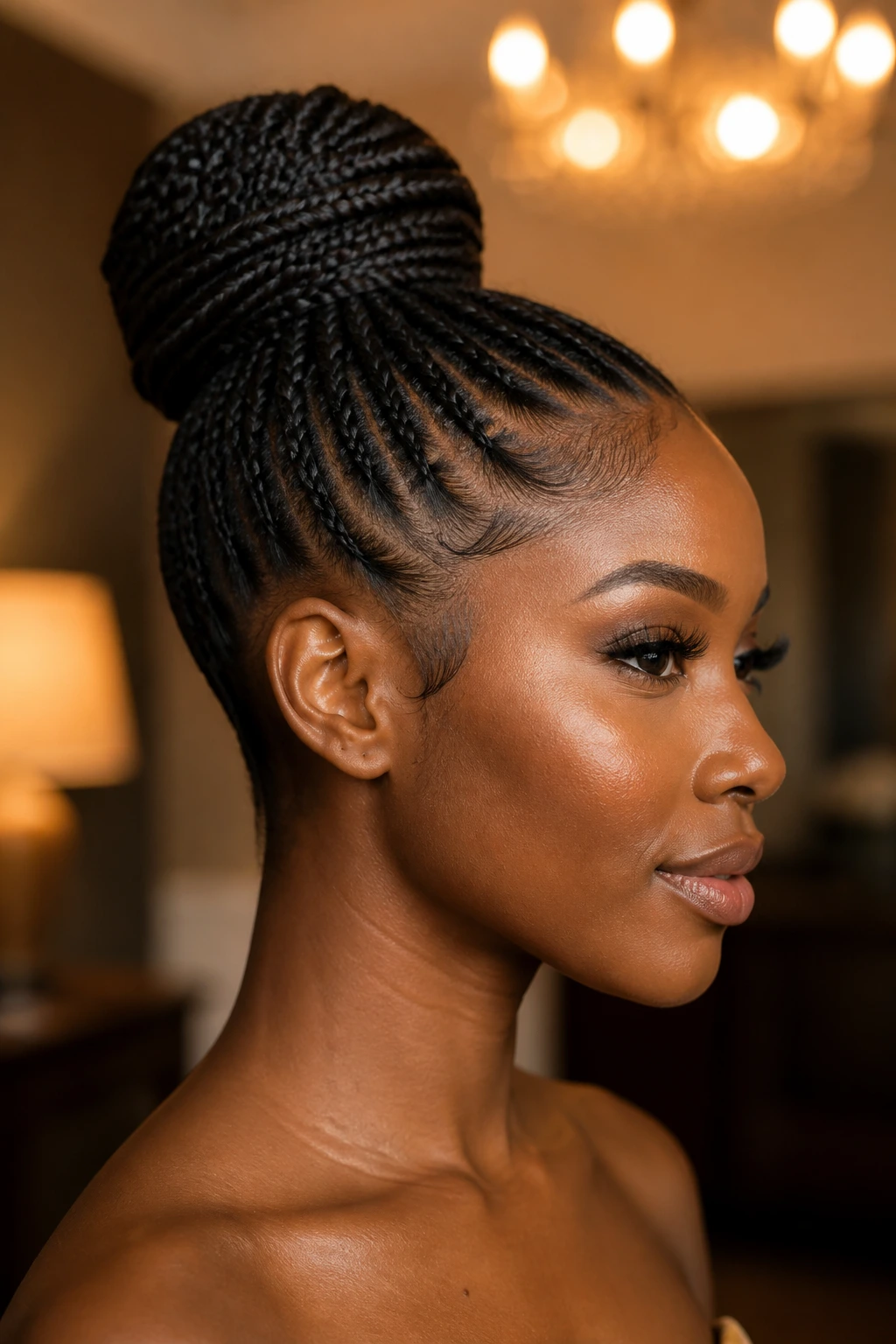 Real woman with a high braided bun portrait.