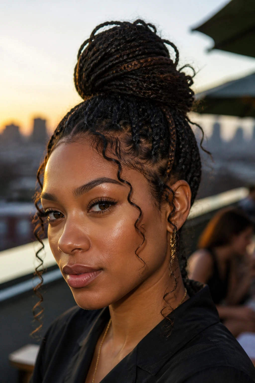 Portrait of a woman with a high bun braids and hanging curls in golden hour light