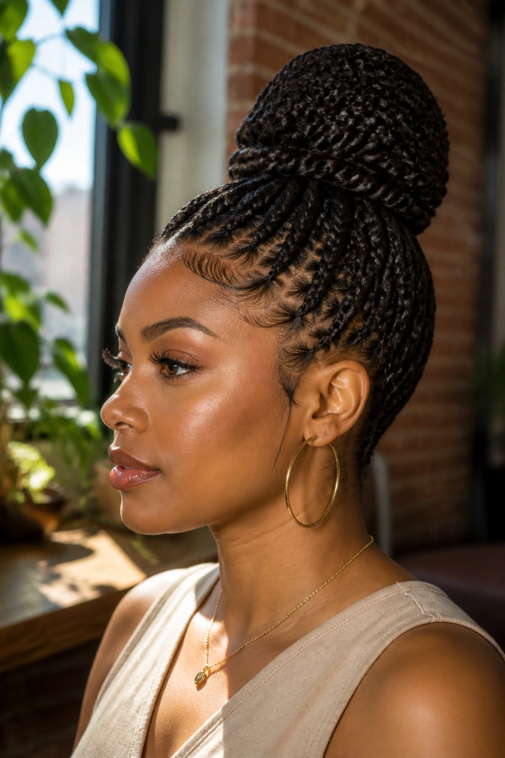 Close-up portrait of a real person with a high bun crochet hairstyle