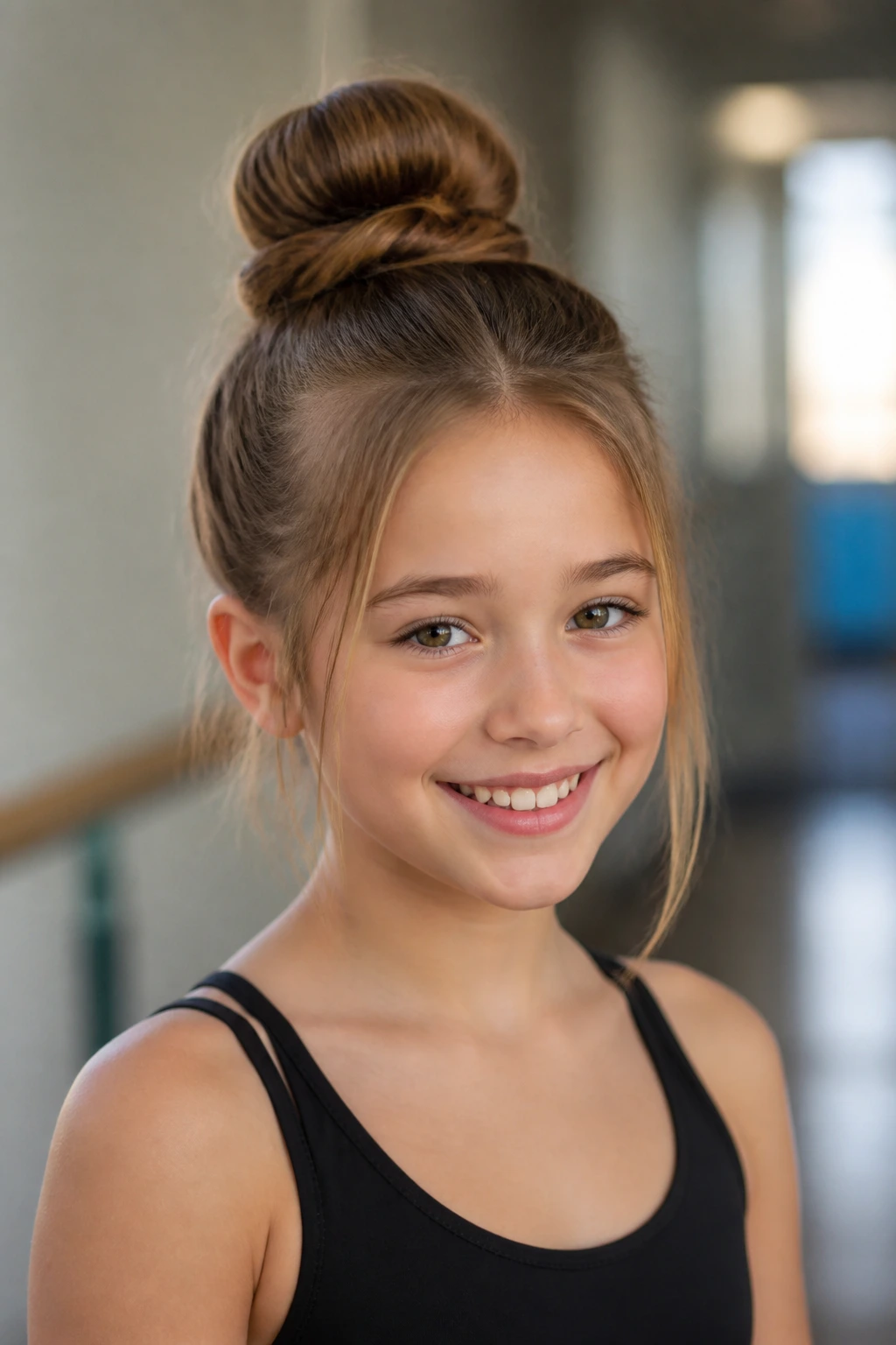 Girl with a high bun and soft face-framing pieces in a well-lit environment