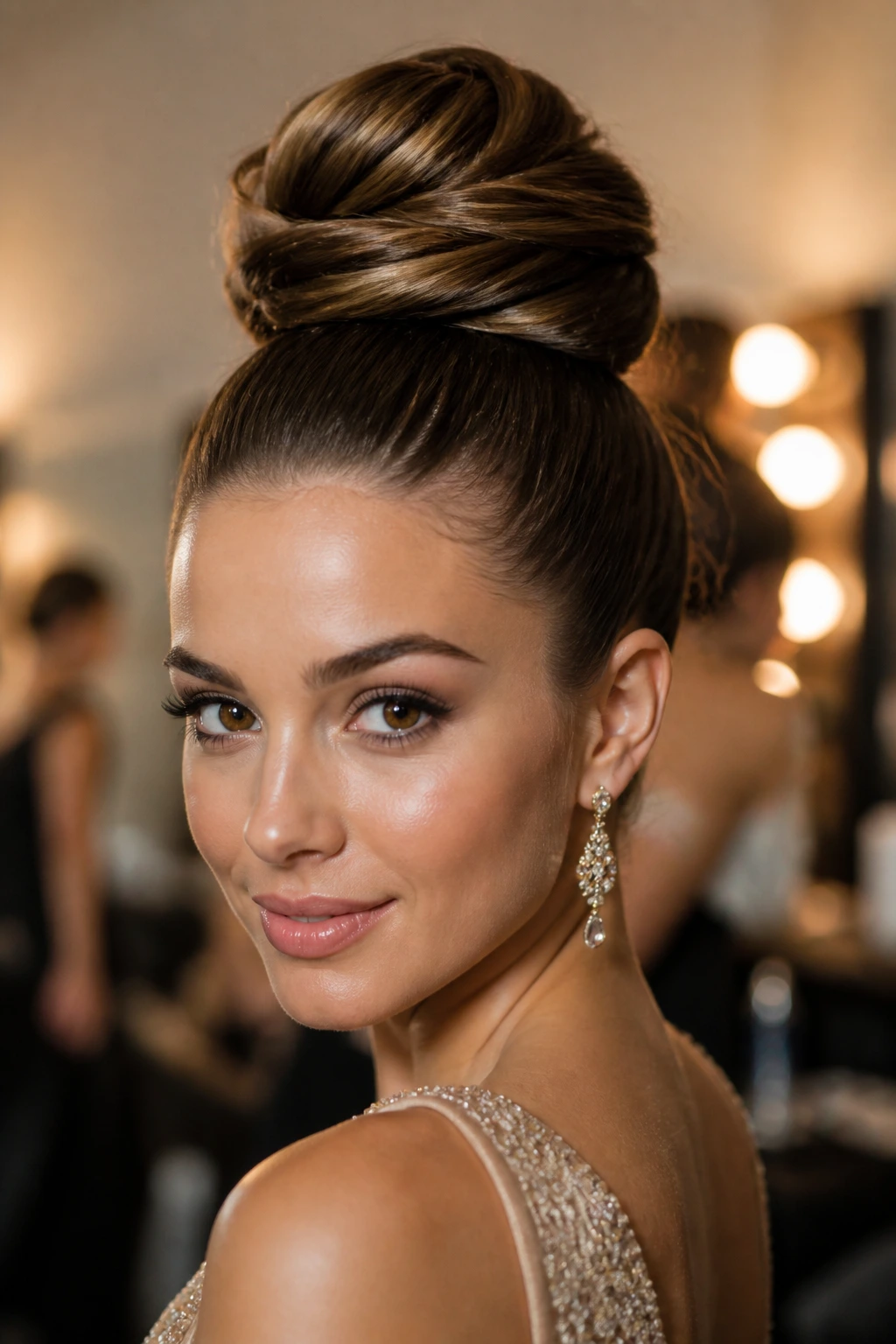 Portrait of a woman wearing a high sculpted bun with dramatic crown height
