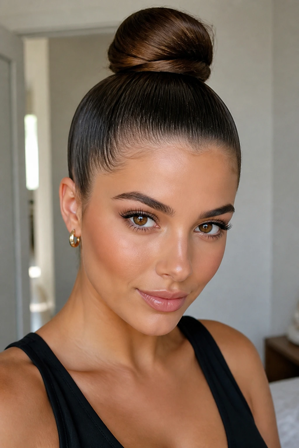 Portrait of a real woman with a high, sleek bun