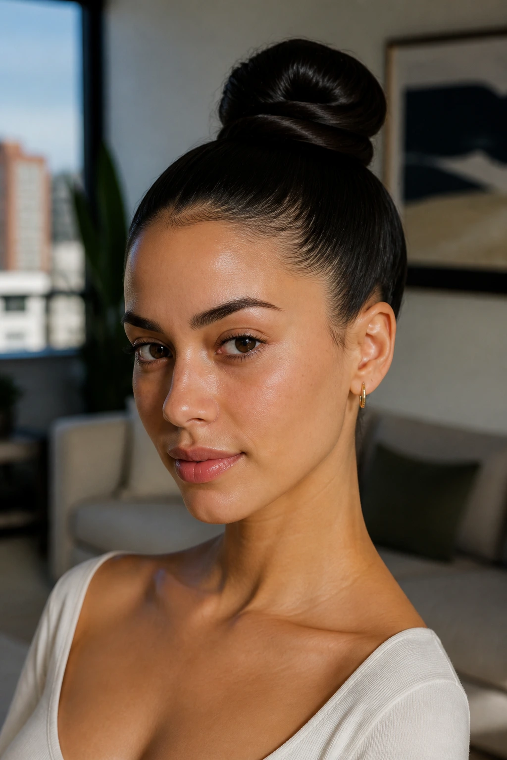 Close-up of a woman with a sleek high bun in natural light