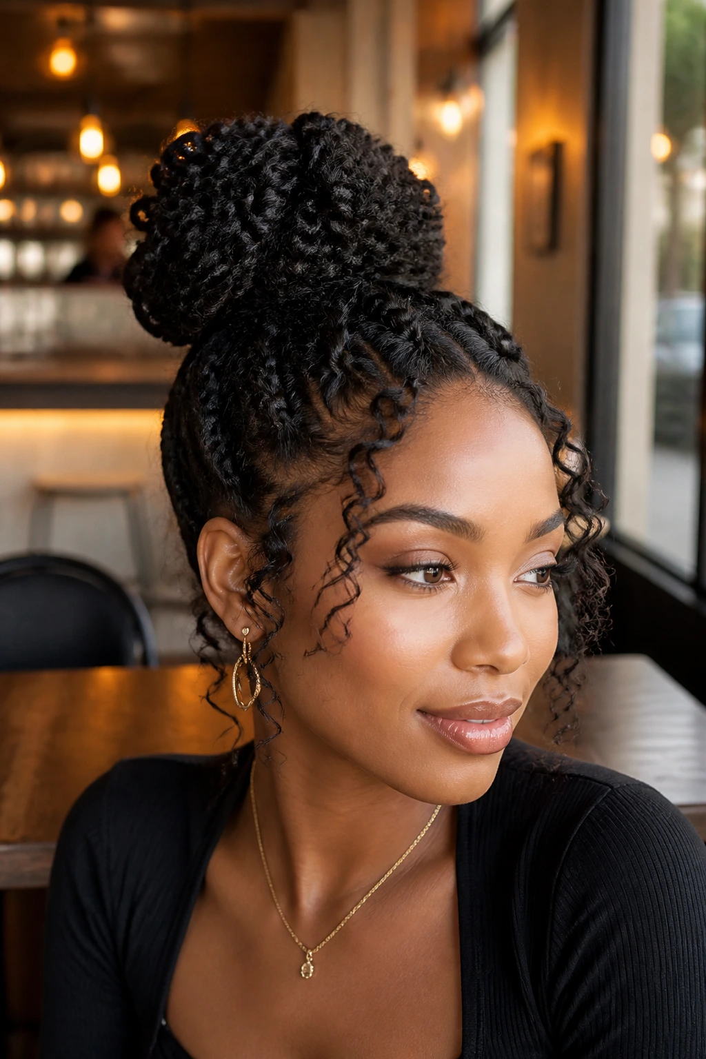 Close-up of a woman with a high bun and tendrils framing the face in cafe light.