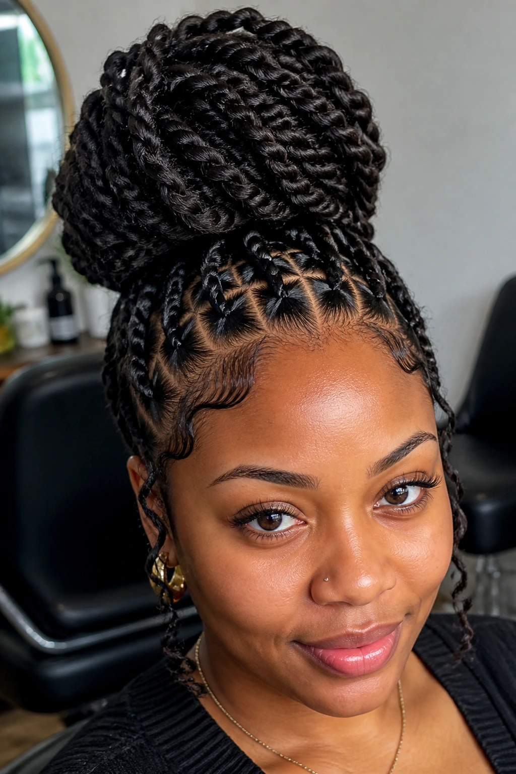 Close-up of a real woman with a high bun passion twists