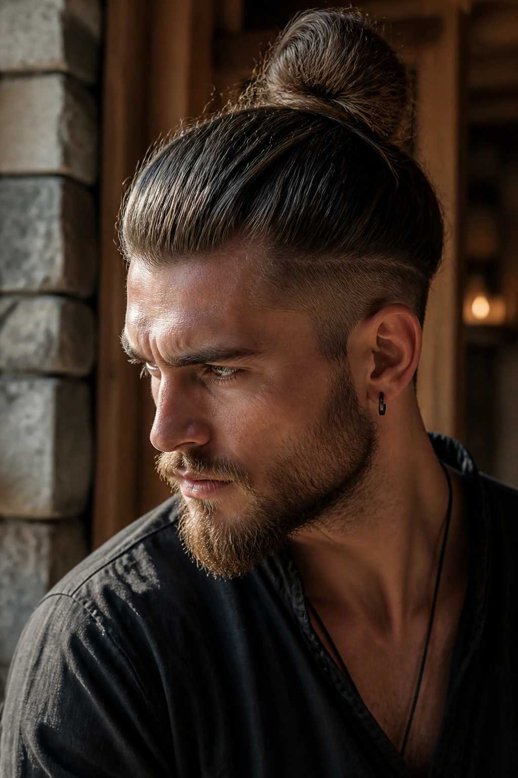 Man with high bun and nape undercut