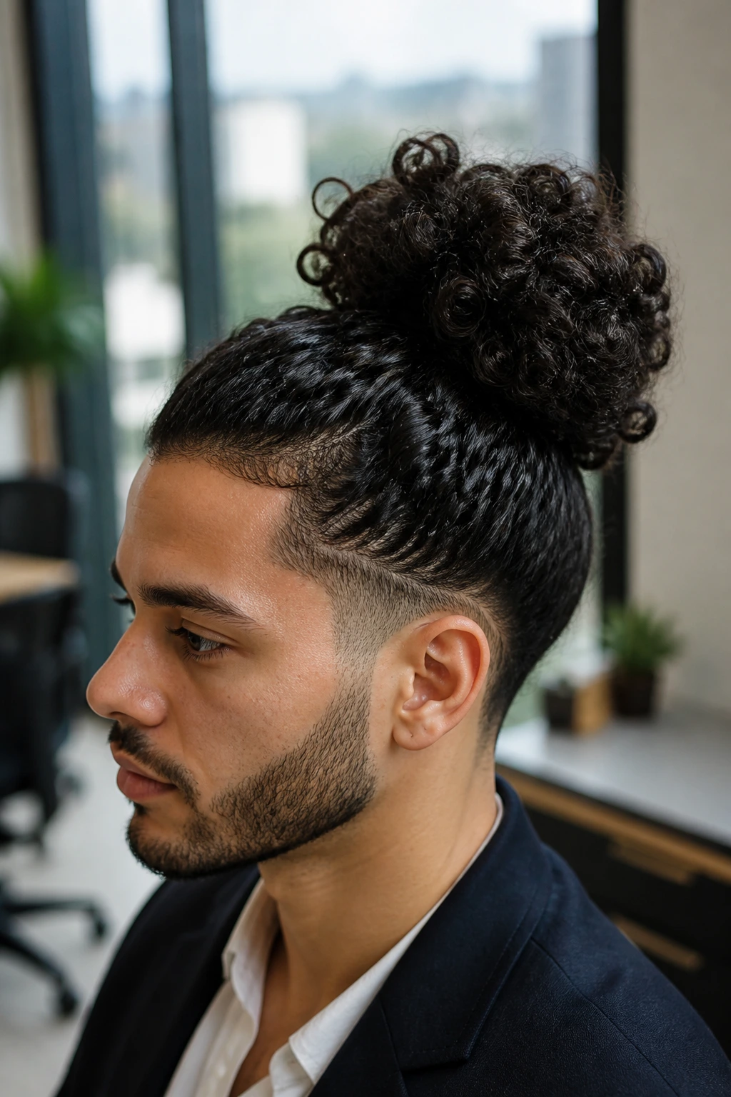 Close-up of a man with a high bun on thick curls in an office setting
