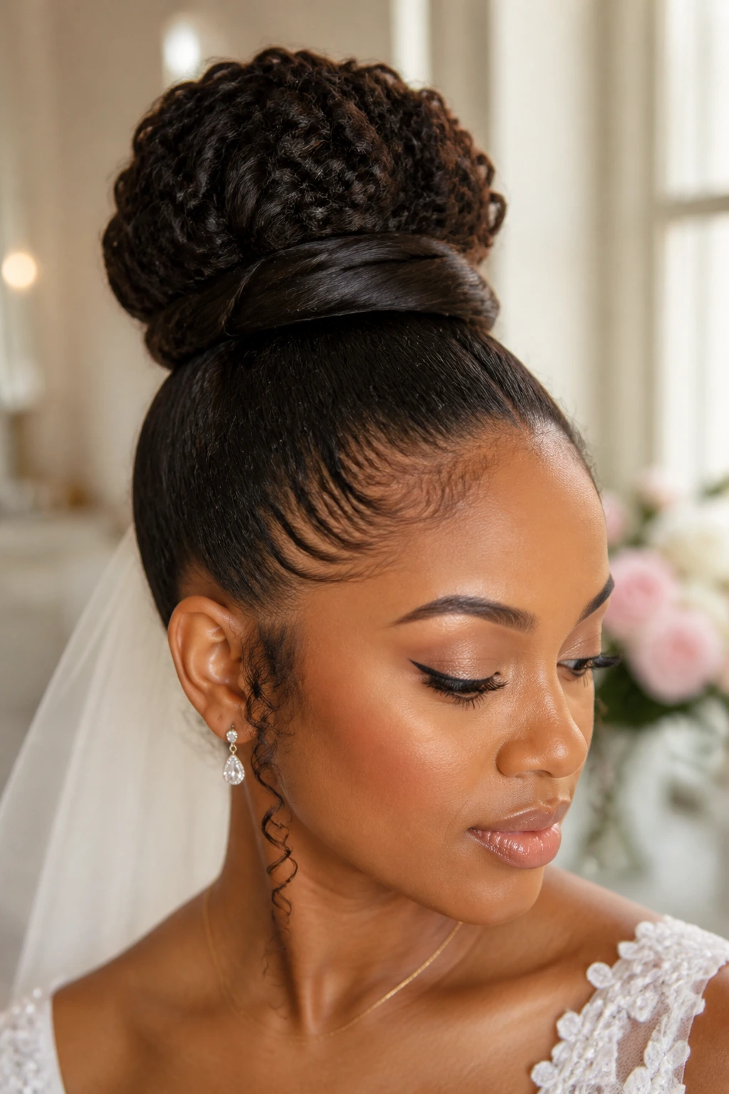 Real bride showcasing a high bun with wrapped base detail