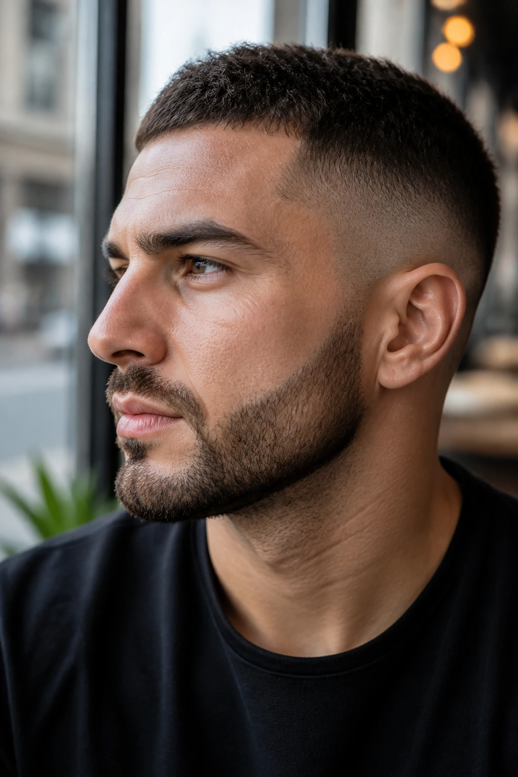 Close-up of a man with a high cheek line beard