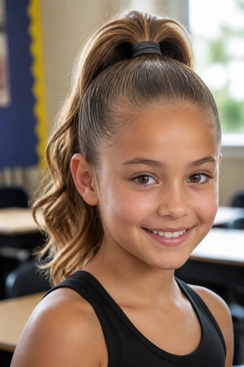 Close-up of a child with a high crown ponytail in a classroom