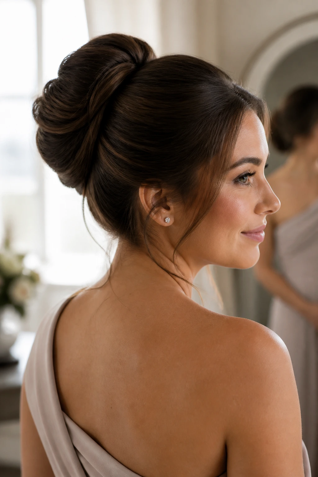 Close-up of a real woman with a high chignon in a bridal dressing room