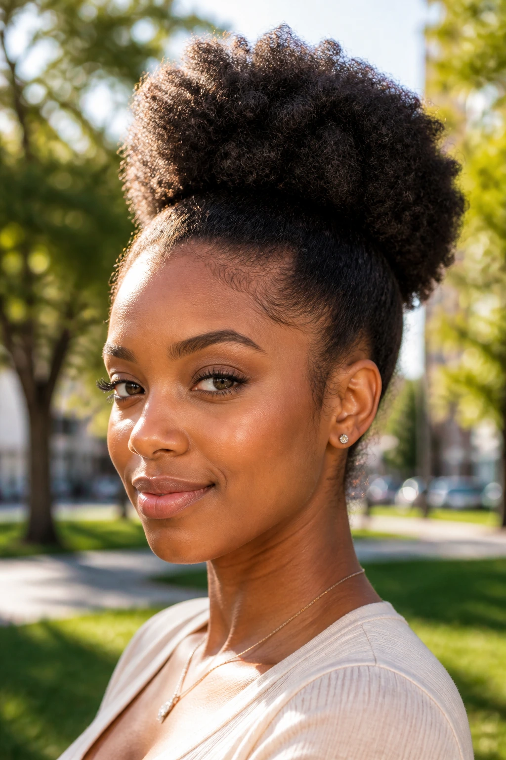 Portrait of a real woman with a high cloud afro puff outdoors in a park