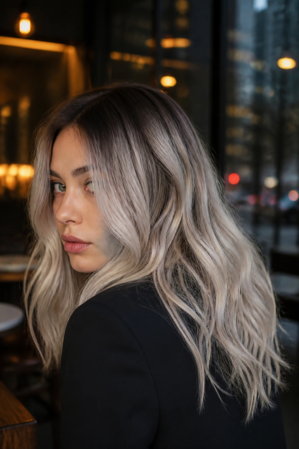 Portrait of a real person with high-contrast ash blonde hair in urban setting