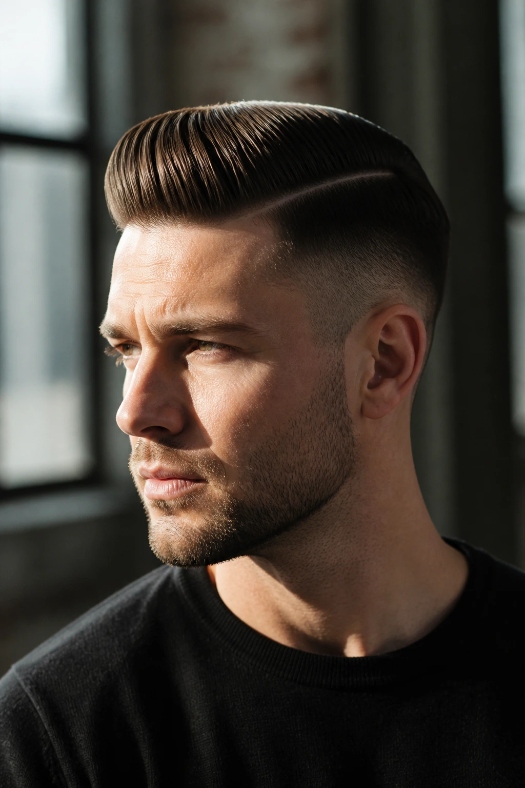 Man with High-Contrast Comb Over in urban loft
