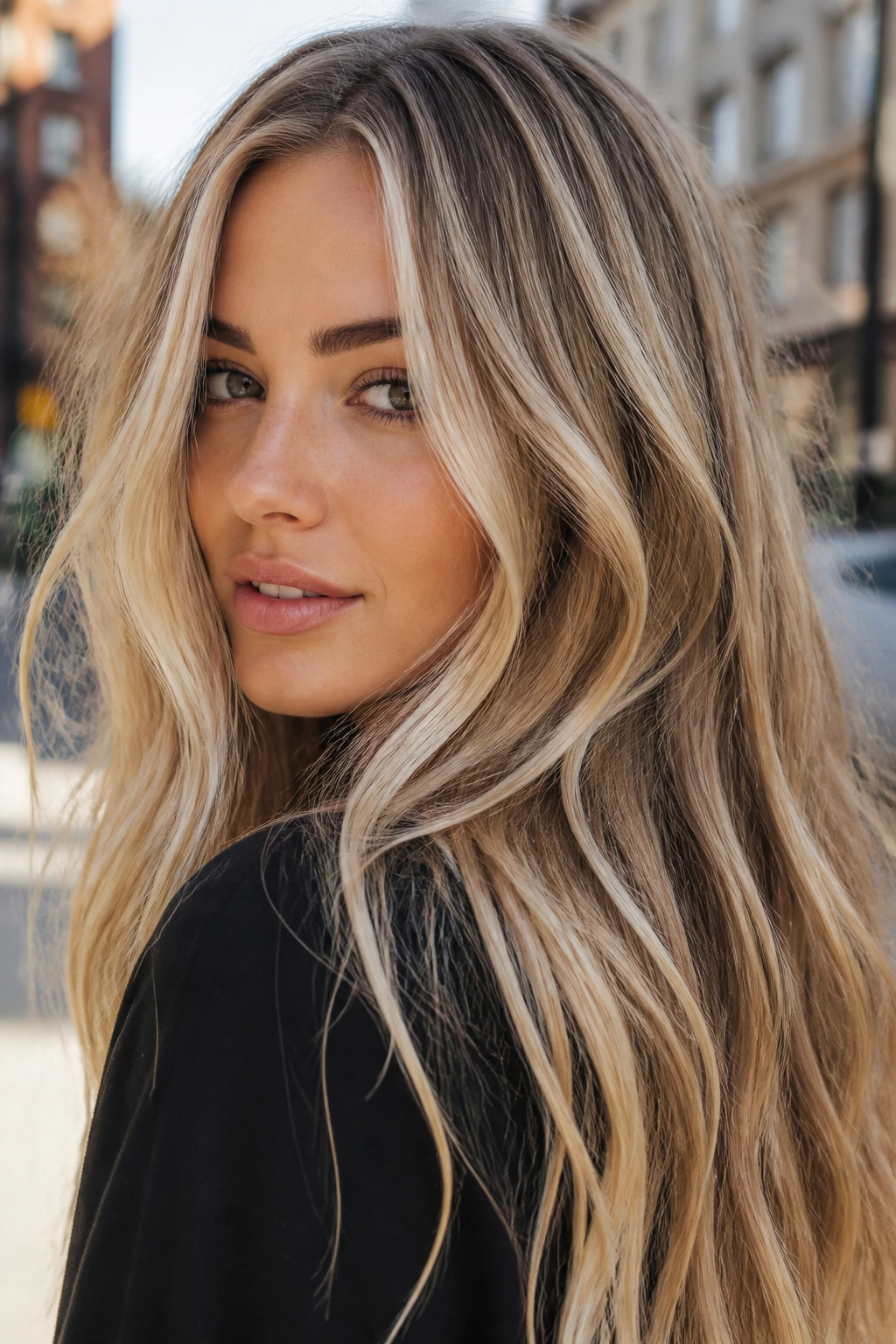 Real woman with high-contrast dimensional blonde hair and darker lowlights