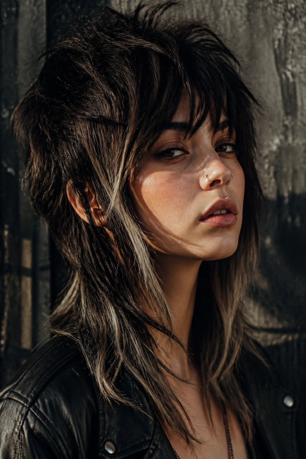 Real person with dramatic high-contrast editorial wolf hairstyle