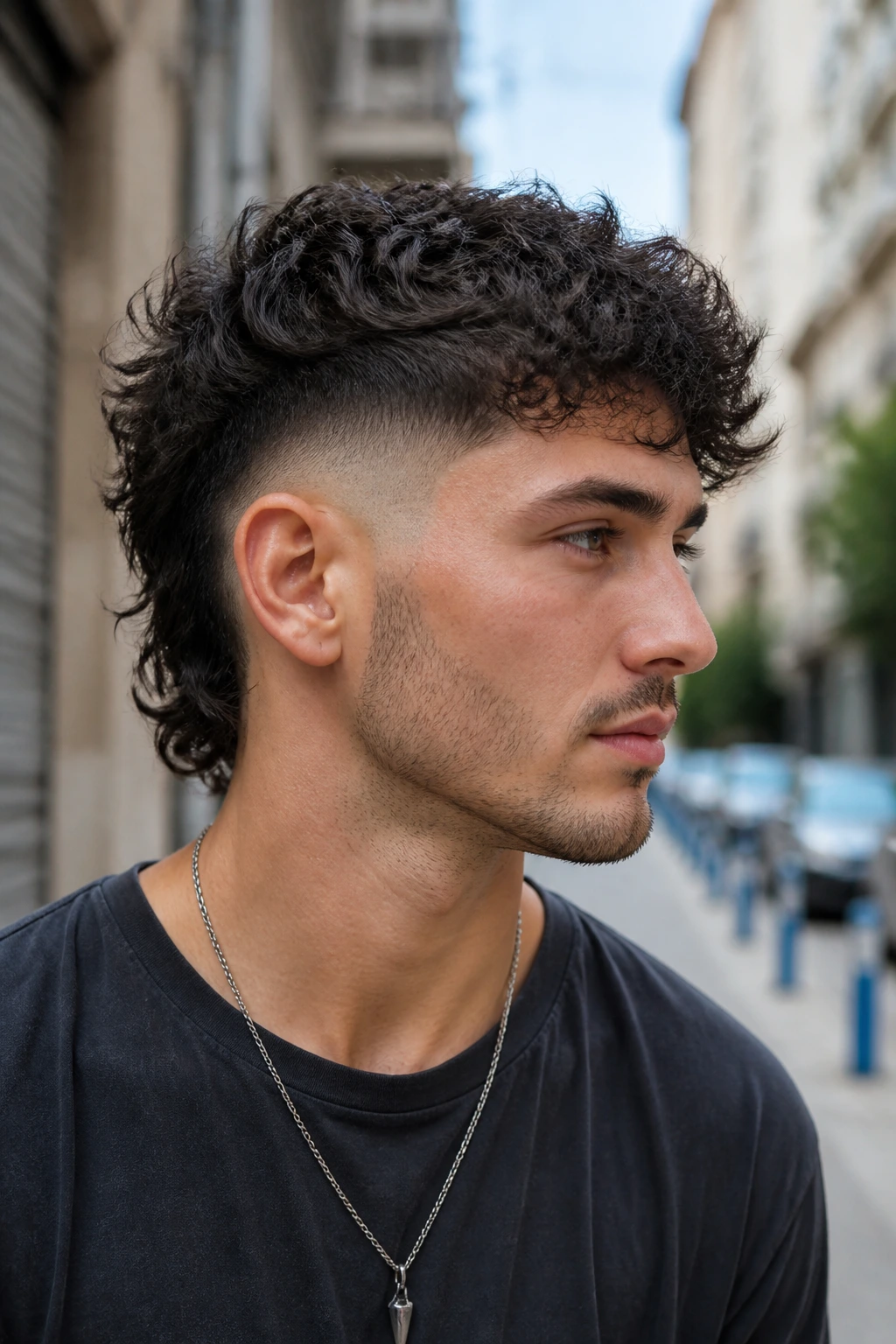 Close-up portrait of a real person with a high-contrast fade mullet
