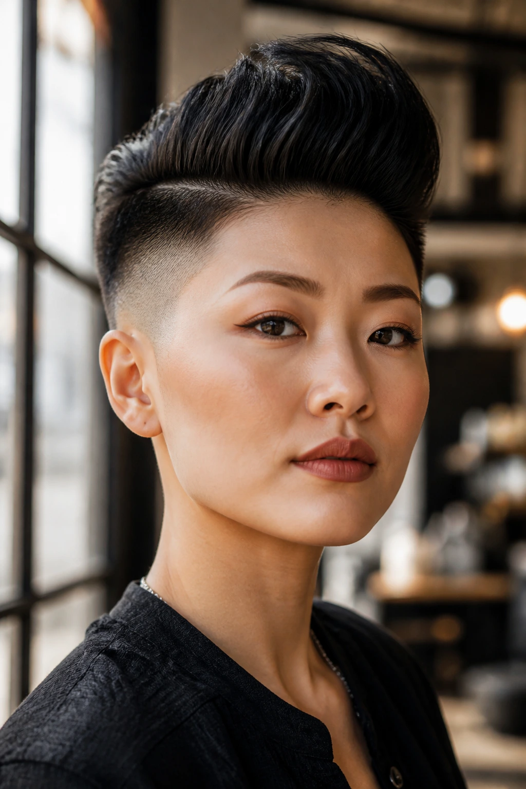 Close-up portrait of an Asian woman with a high-contrast fade quiff and tall crown