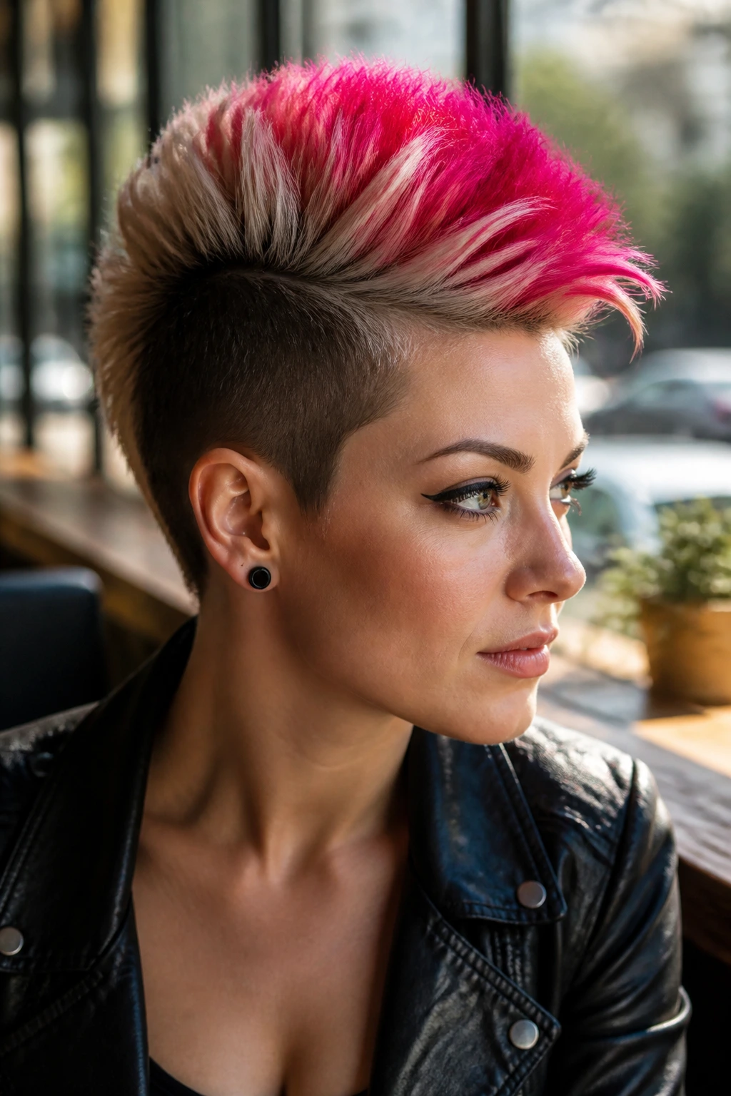 Close-up of a real woman with a bold copper center stripe faux hawk in a cafe setting