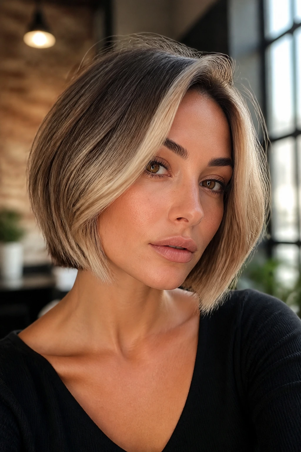 Close-up of a real woman with a high-contrast frame on a short blonde bob