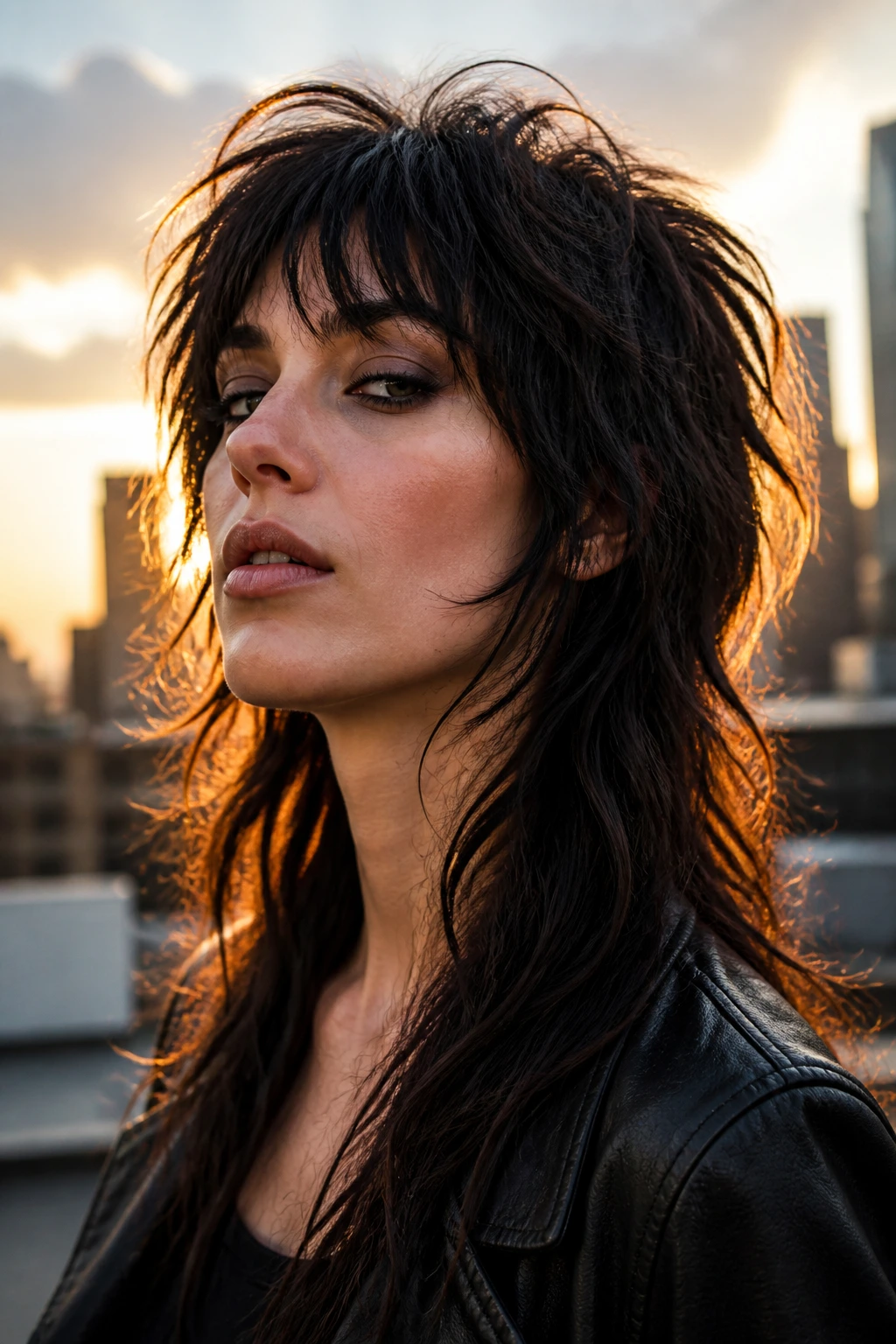 Real person with high-contrast layered shag in dramatic rooftop light