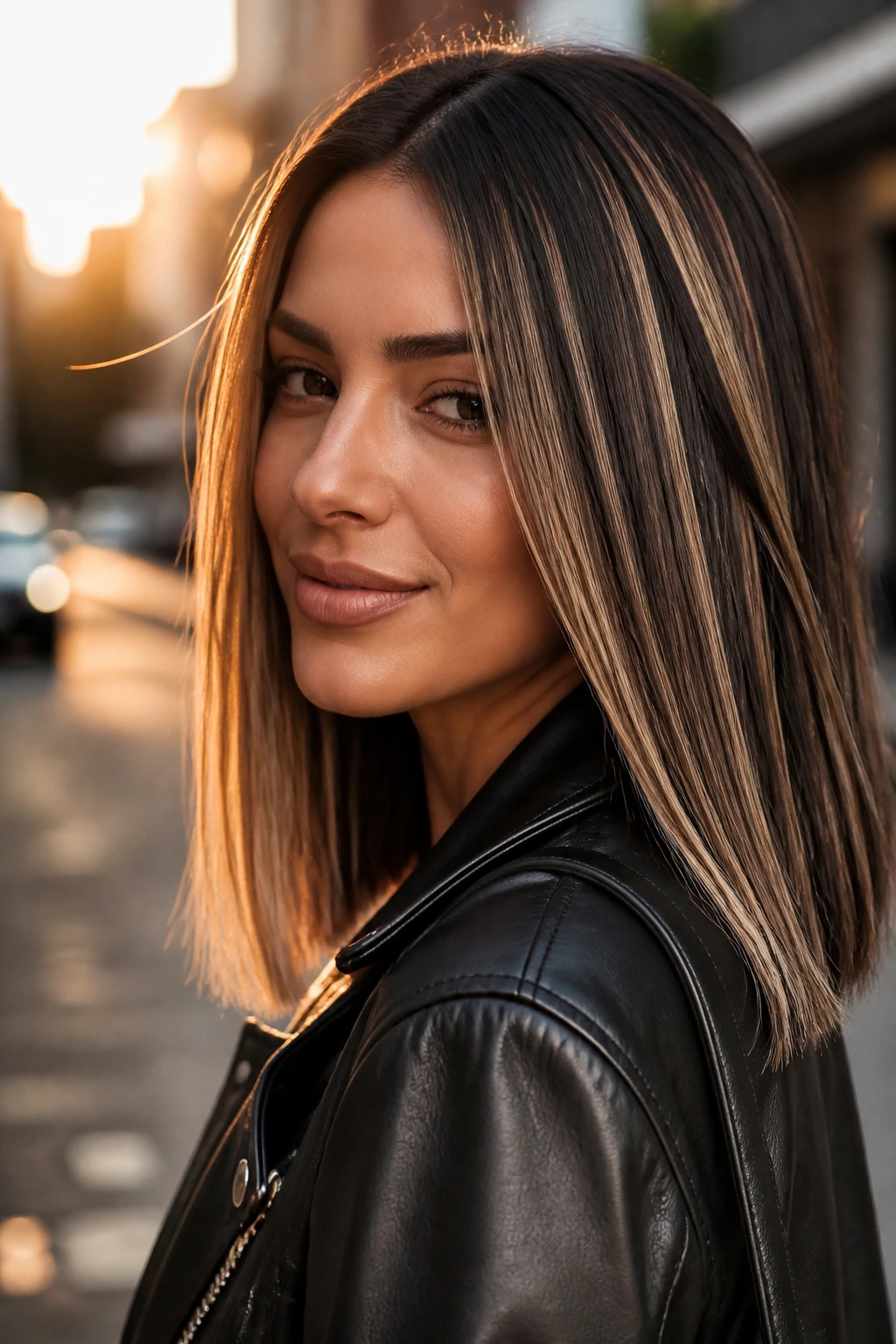 Close-up portrait of a real woman with high-contrast ribbon balayage on straight hair.
