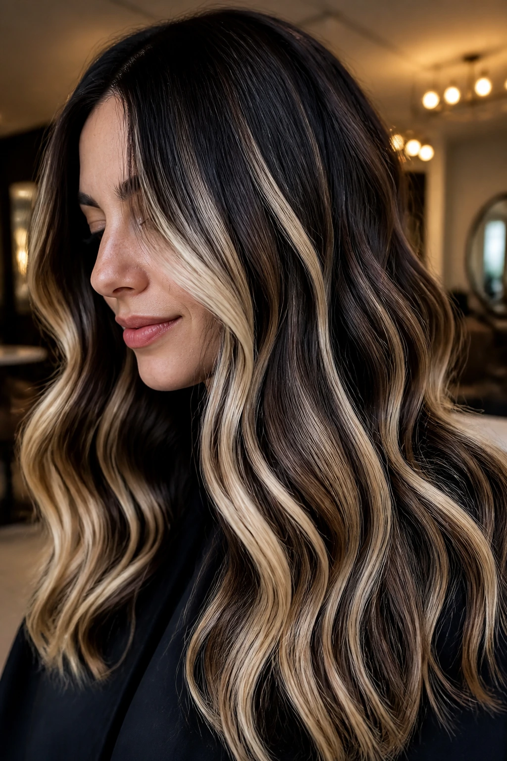 Wavy hair with bold high-contrast ribbon balayage on a real person