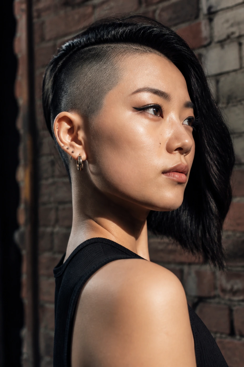 Close-up of a real person with a high-contrast one-side shave on dark hair