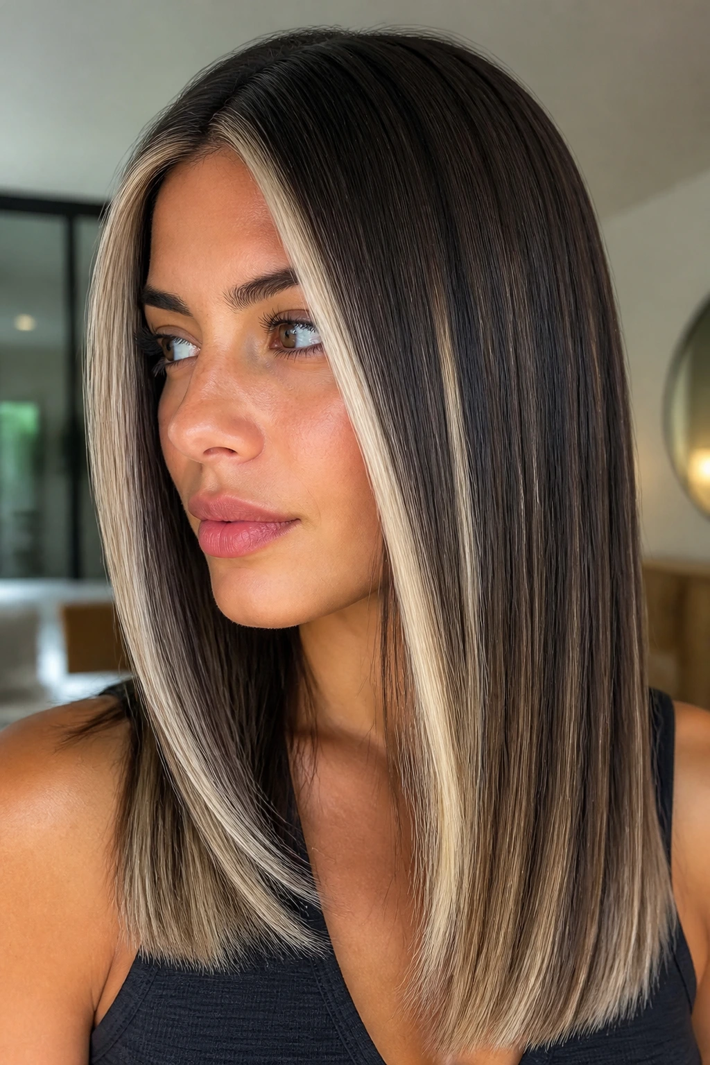 Real woman with straight, high-contrast balayage around the face