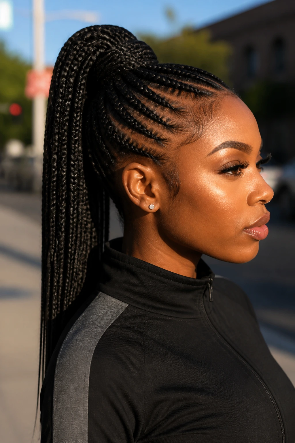 Side profile of real woman with high cornrow ponytail in an urban outdoor setting