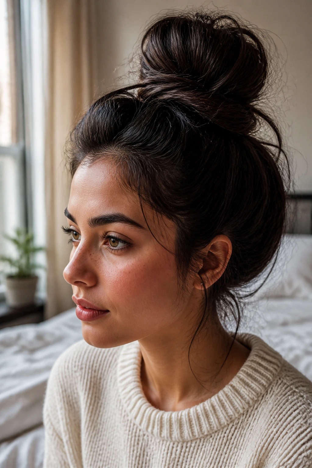 Close-up of a real woman with a high crown bun in warm bedroom light.