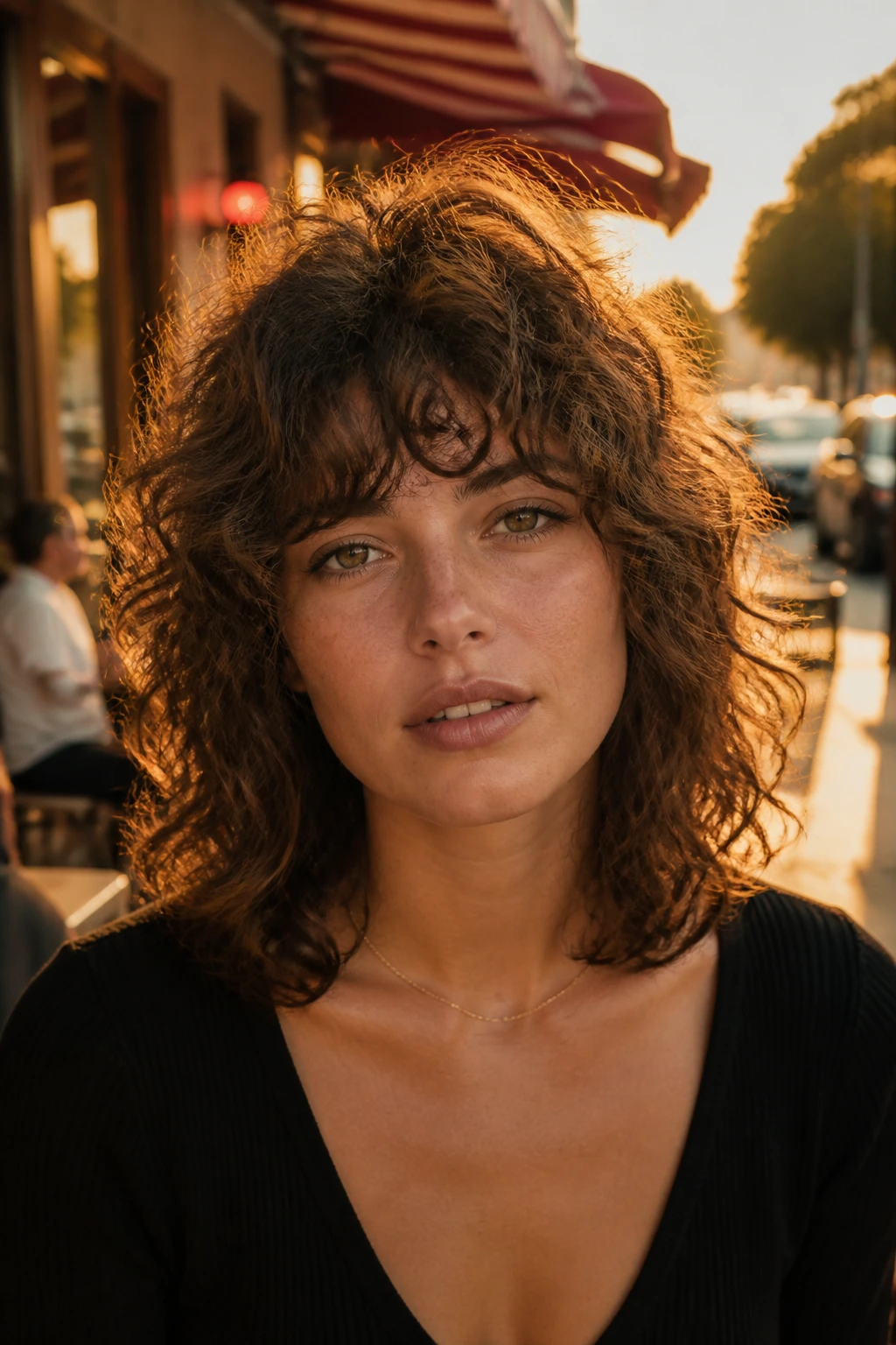 Portrait of a real person with shoulder-length curls and high crown volume