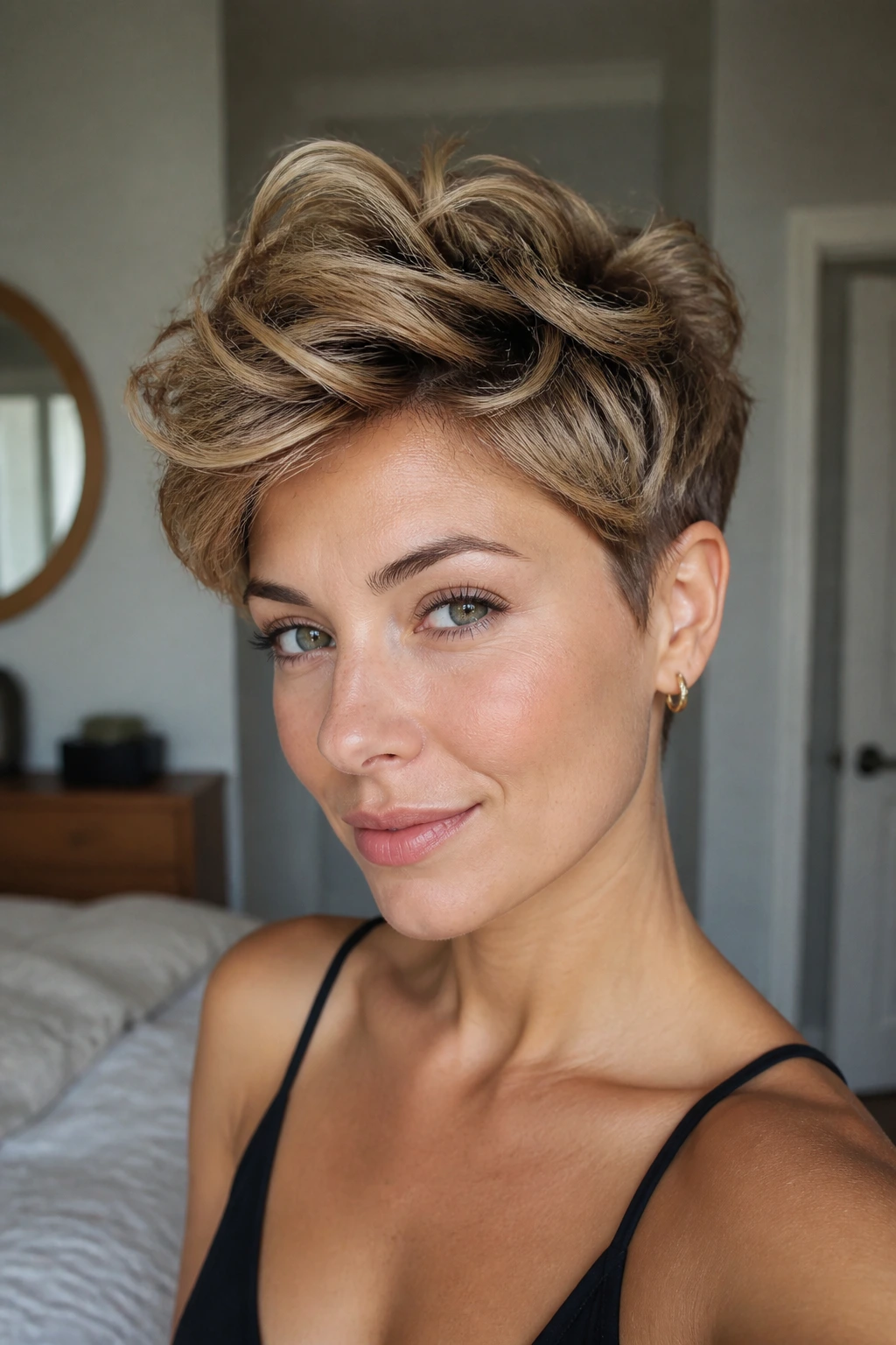 Close-up of a real woman with a high-crown pixie and lifted crown in warm window light