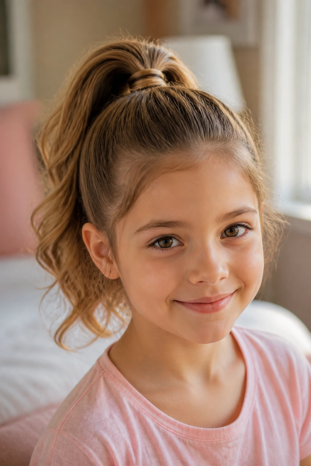 Close-up of a girl with a high crown ponytail